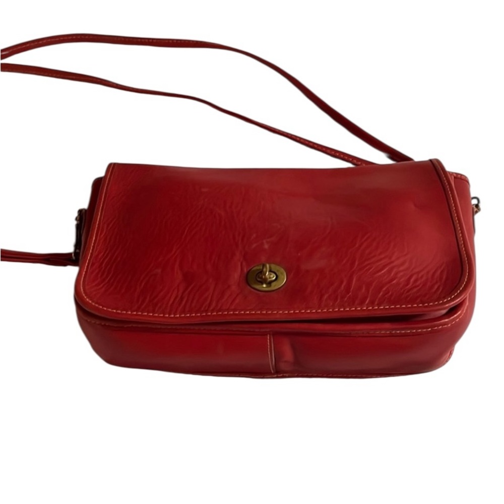 Vintage Red leather unlined shoulder bag ,divide.zip pocket brass hardware